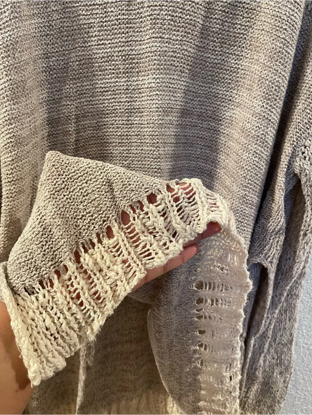 Free People Taupe Open-Weave Scoop Neck Sweater